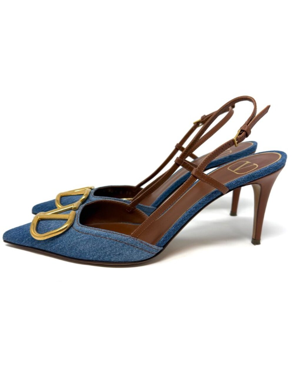 VALENTINO Garavani V Logo Gold & Denim Selleria Slingback Pumps Sz 39 - Picture 10 of 11